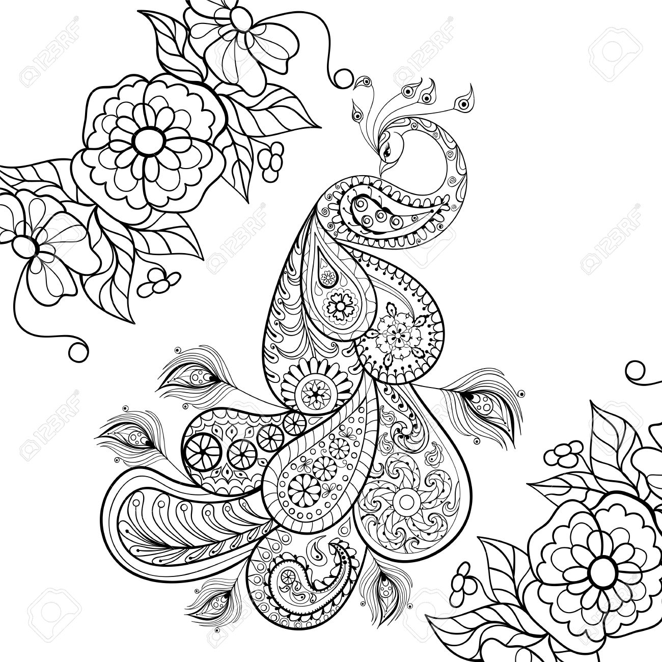 1300x1300 Zentangle Peacock Totem In Flowersfor Adult Anti Stress Coloring