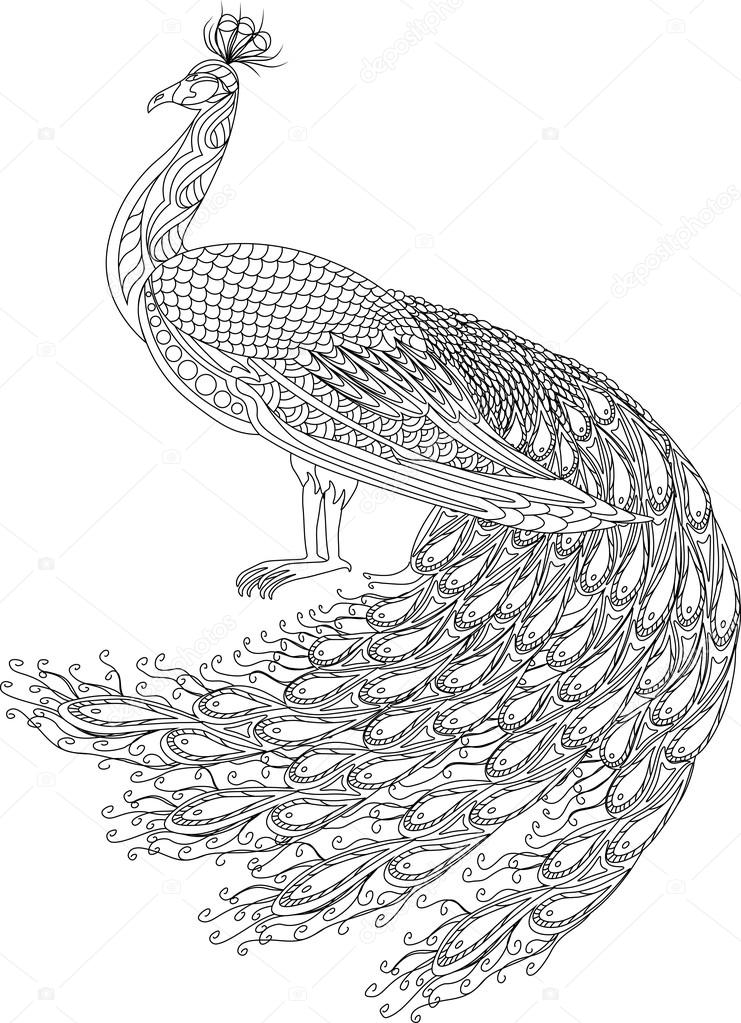 741x1023 Hand Drawn Peacock For Anti Stress Coloring Page With High Details