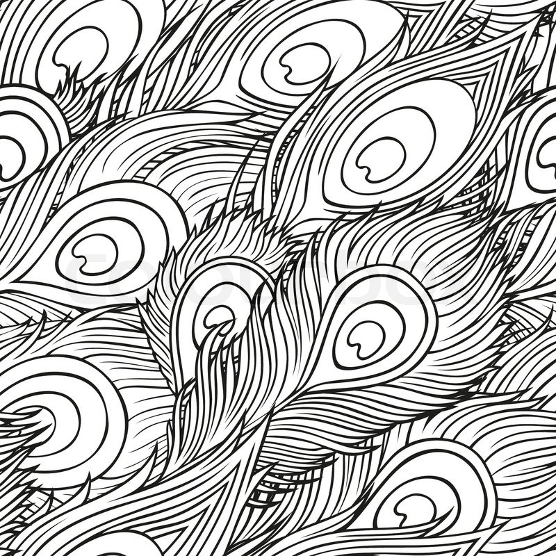 800x800 Vintage Seamless Pattern With Hand Drawn Peacock Feathers Stock