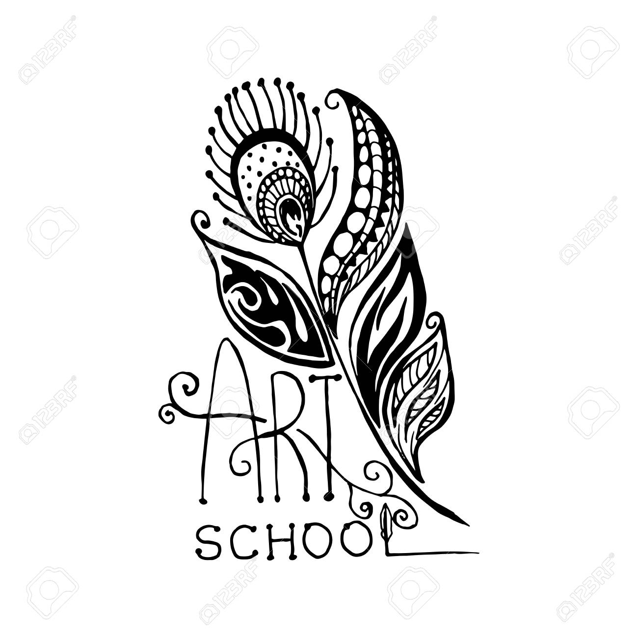 1300x1300 Decorative Line Art Doodle Style Tribal Peacock Feather Design