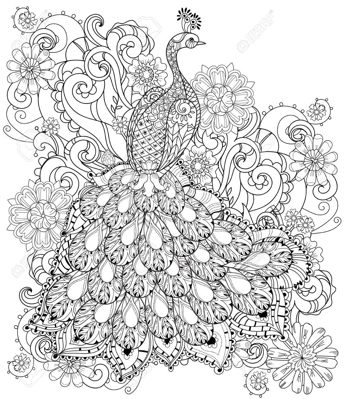 1125x1300 Stylized Peacock Hand Drawn Vector Illustration. Sketch For Tattoo