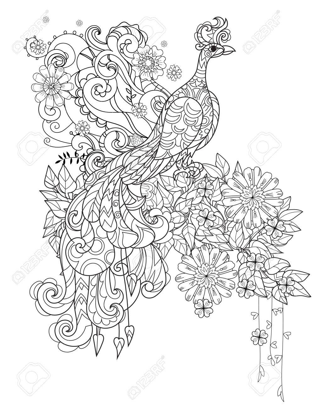 1040x1300 Zen Art Stylized Peacock In Flowers. Hand Drawn Doodle Boho Vector