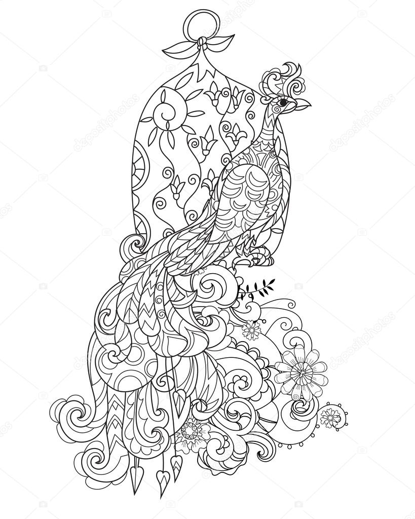 819x1024 Zen Art Stylized Peacock. Hand Drawn Doodle Stock Vector