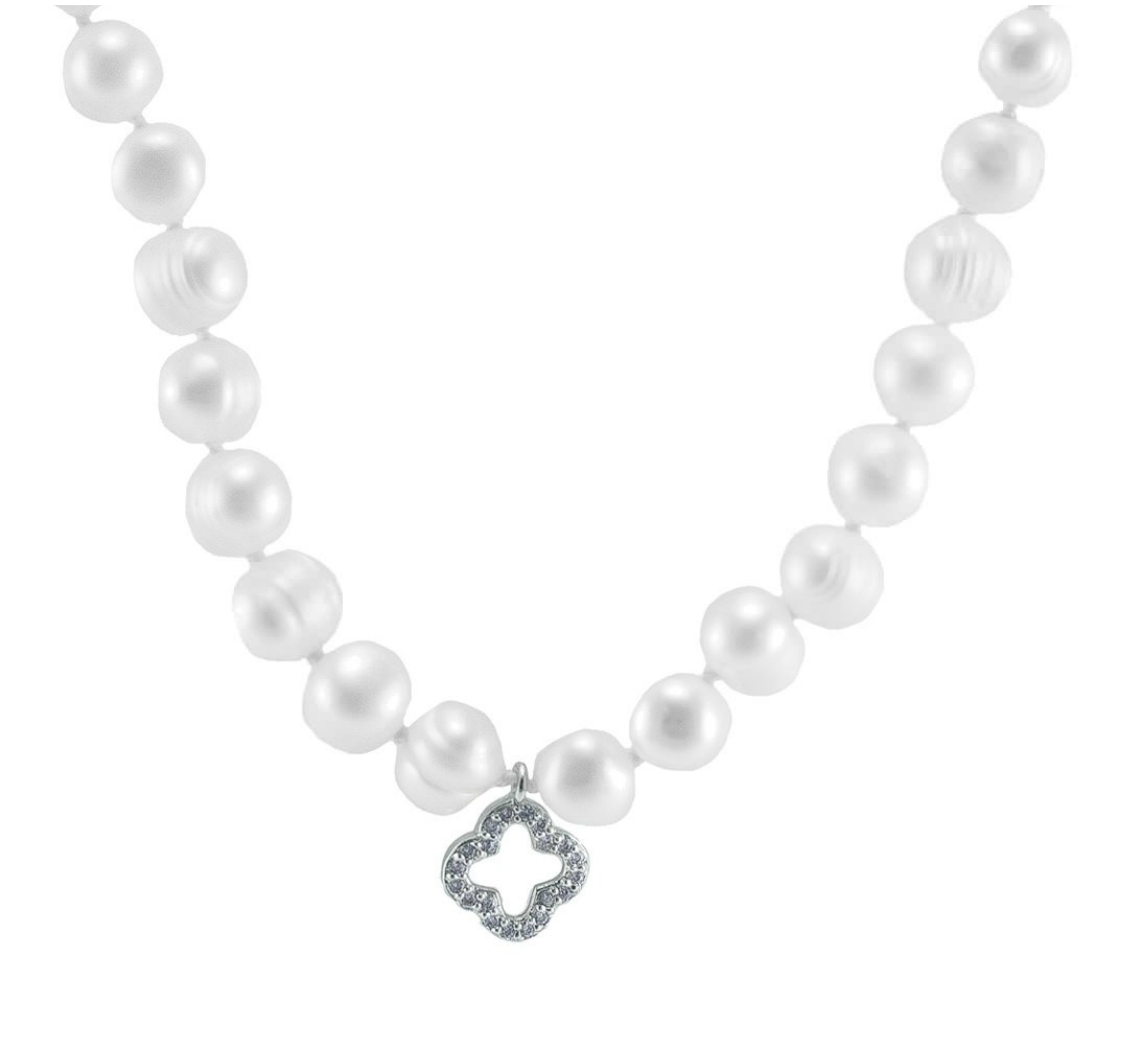 3988x3701 Dell Cz Clover White Fresh Water Pearl Necklace 7mm Cubic