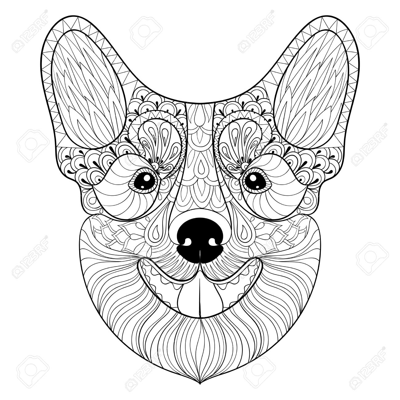 1299x1300 Dog Face In Monochrome Doodle Style. Puppy, Pembroke Welsh Corgi