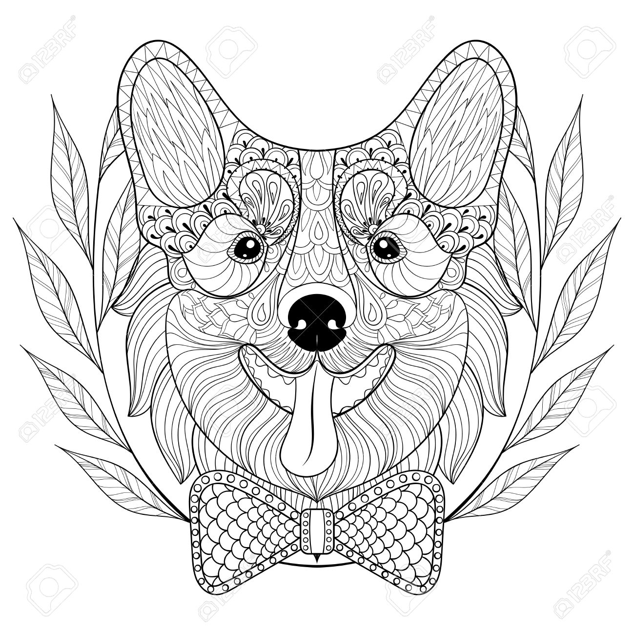 1299x1300 Welsh Corgi With Bow Tie, Wreath Frame. Happy Puppy, Pembroke
