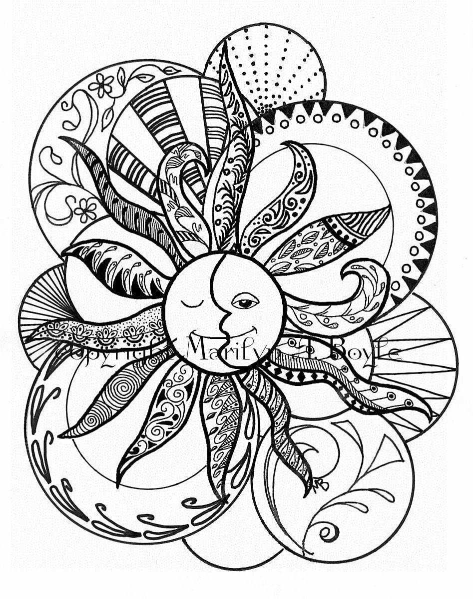 947x1198 Adult Coloring Page Zentangle, Digital Download, Sun And Moon