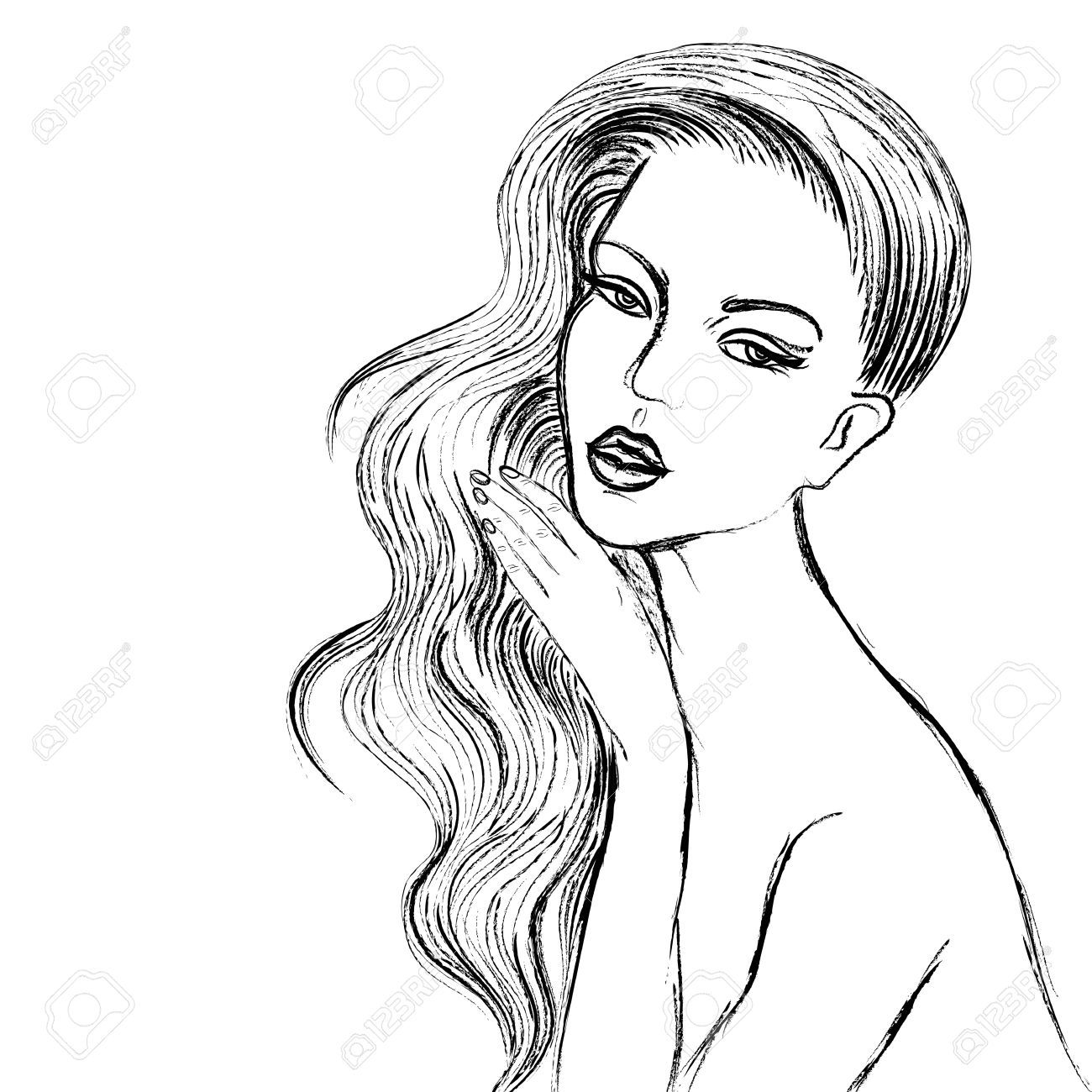 1300x1300 Vector Sketch Of Beautiful Women With Long Hair,like Drawn By