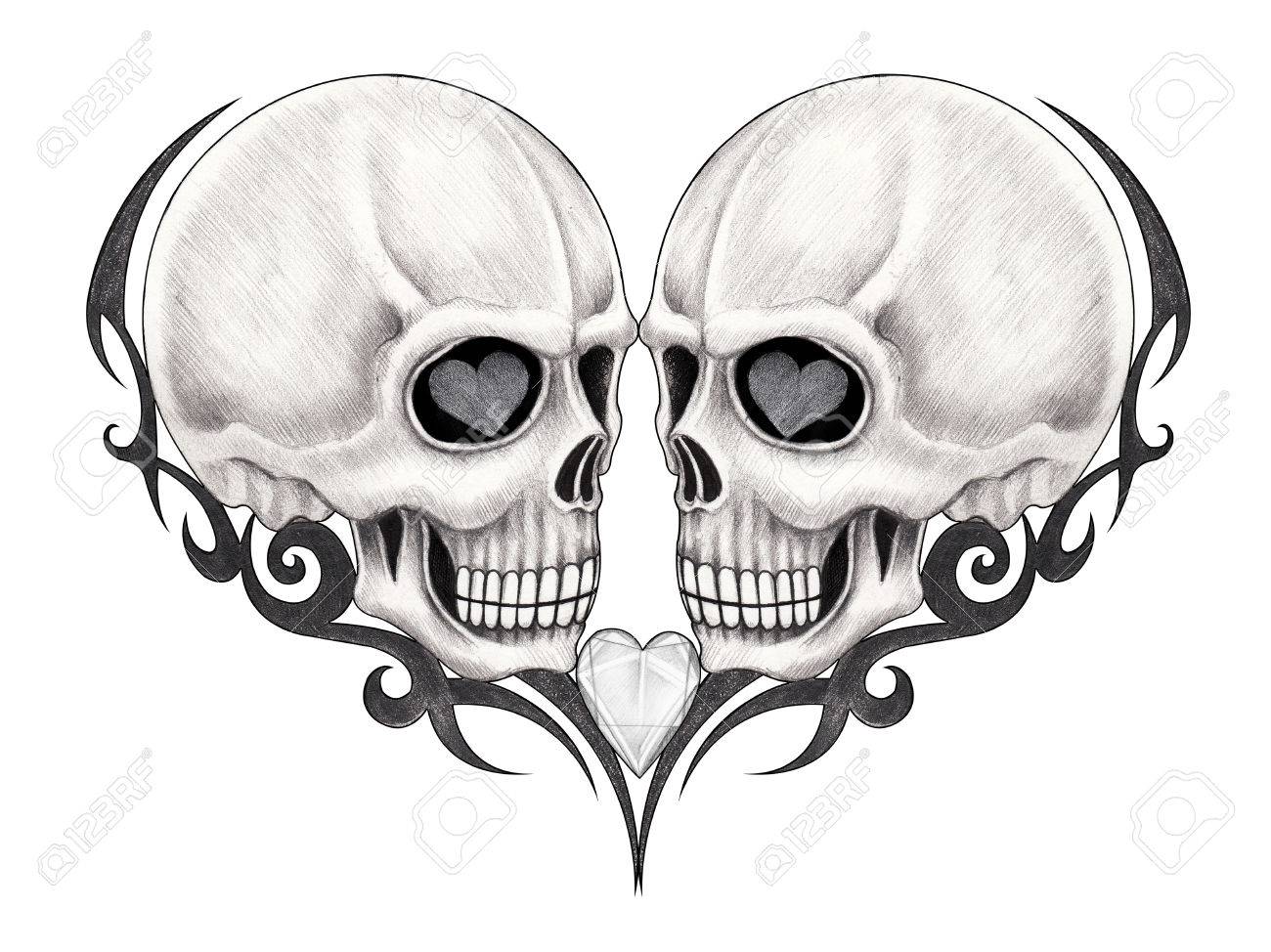1300x974 Art Design Skulls Tattoo.hand Pencil Drawing On Paper. Stock Photo