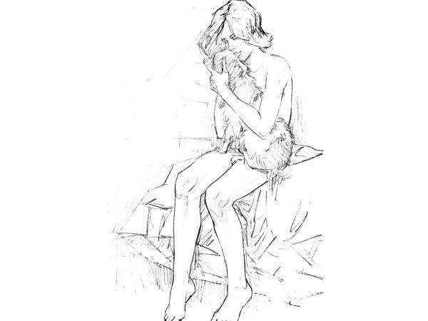 600x450 Girl With A Dog. Print From Pencil Drawing