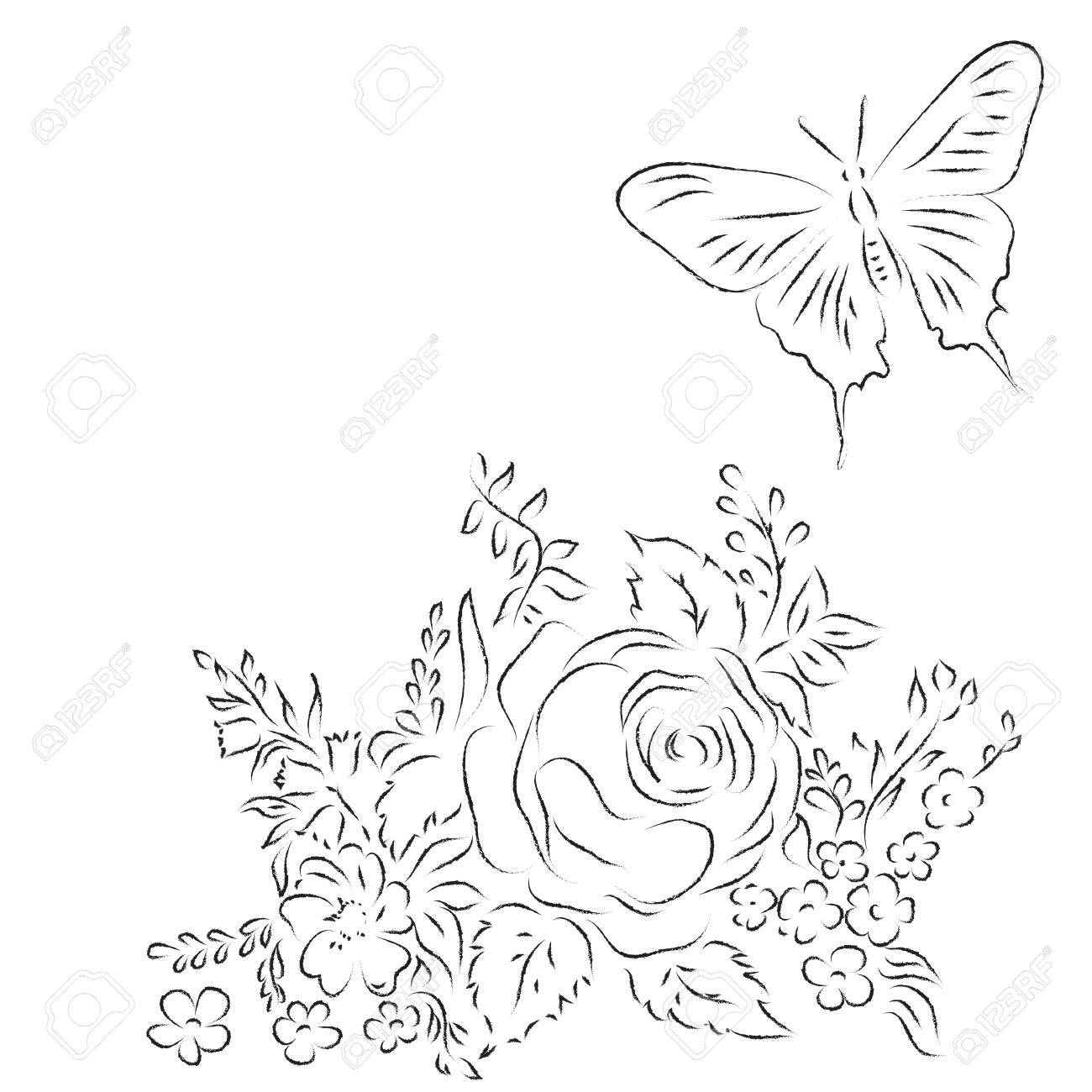 1300x1300 Bouquet Of Different Flowers, Butterfly. Sketch, Outlines, Pencil