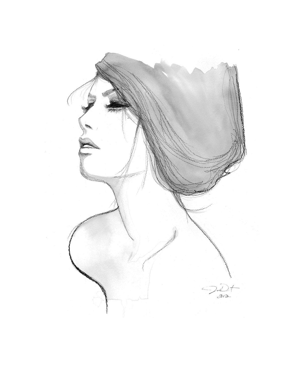 1172x1500 Print From Original Watercolor, Pencil And Charcoal Fashion