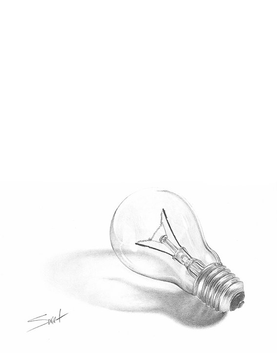 570x725 Lightbulb Art Still Life Drawing Original Pencil Sketch Bathroom