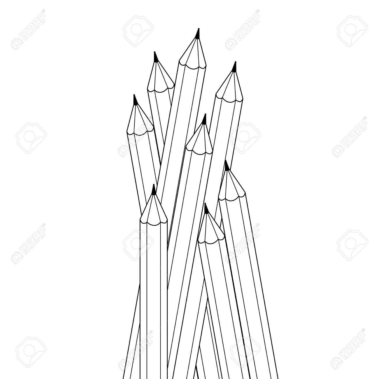 1300x1300 Group Of Contour Drawing Black And White Color Pencils. Isolated