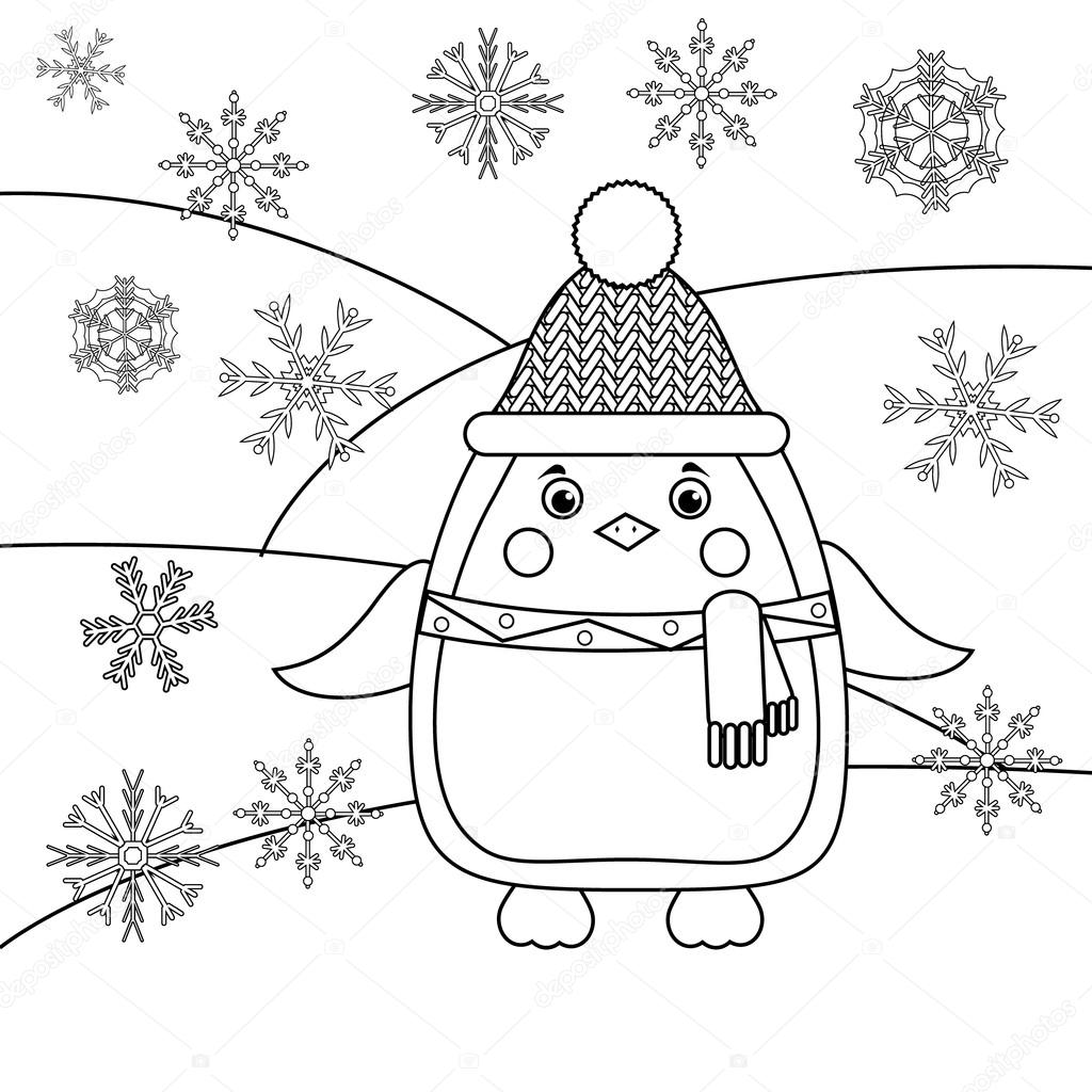1024x1024 Coloring Page With Penguin And Snowflakes. Educational Game