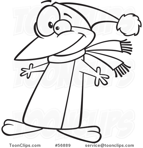 581x600 Cartoon Outline Christmas Penguin Wearing A Scarf And Santa Hat