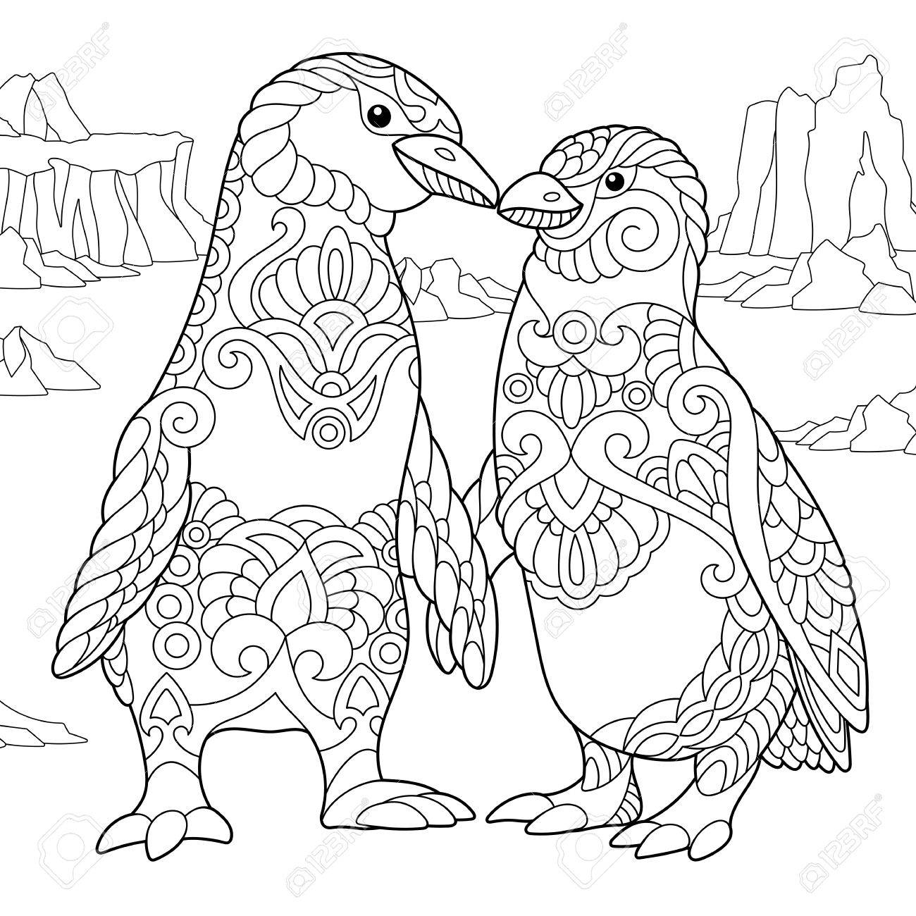 1300x1300 Coloring Page Of Emperor Penguins Couple In Love. Freehand Sketch