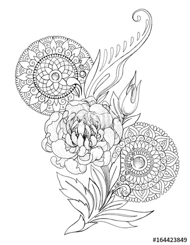 387x500 Decorative Drawing Of Peony Flowers, Patterns And Mandalas, Tattoo