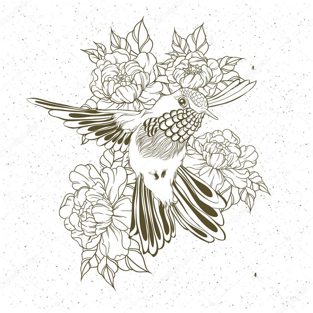 1024x1024 Hand Drawn Flying Humming Bird With Peony Flower. Vector