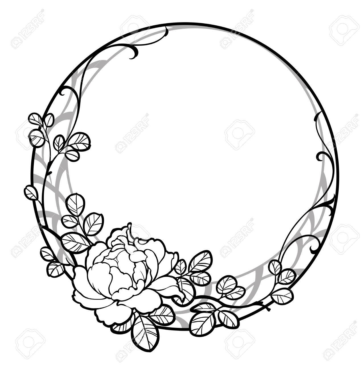 1278x1300 Illustration Of Decorative Round Frame With Peony Rose Flower