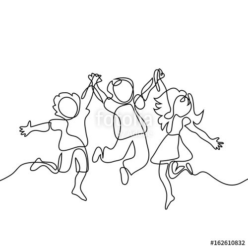 500x500 Happy Jumping Children Holding Hands. Continuous Line Drawing