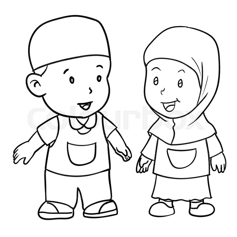 800x800 Hand Drawing Of Muslim Kids Standing Isolated On White Background