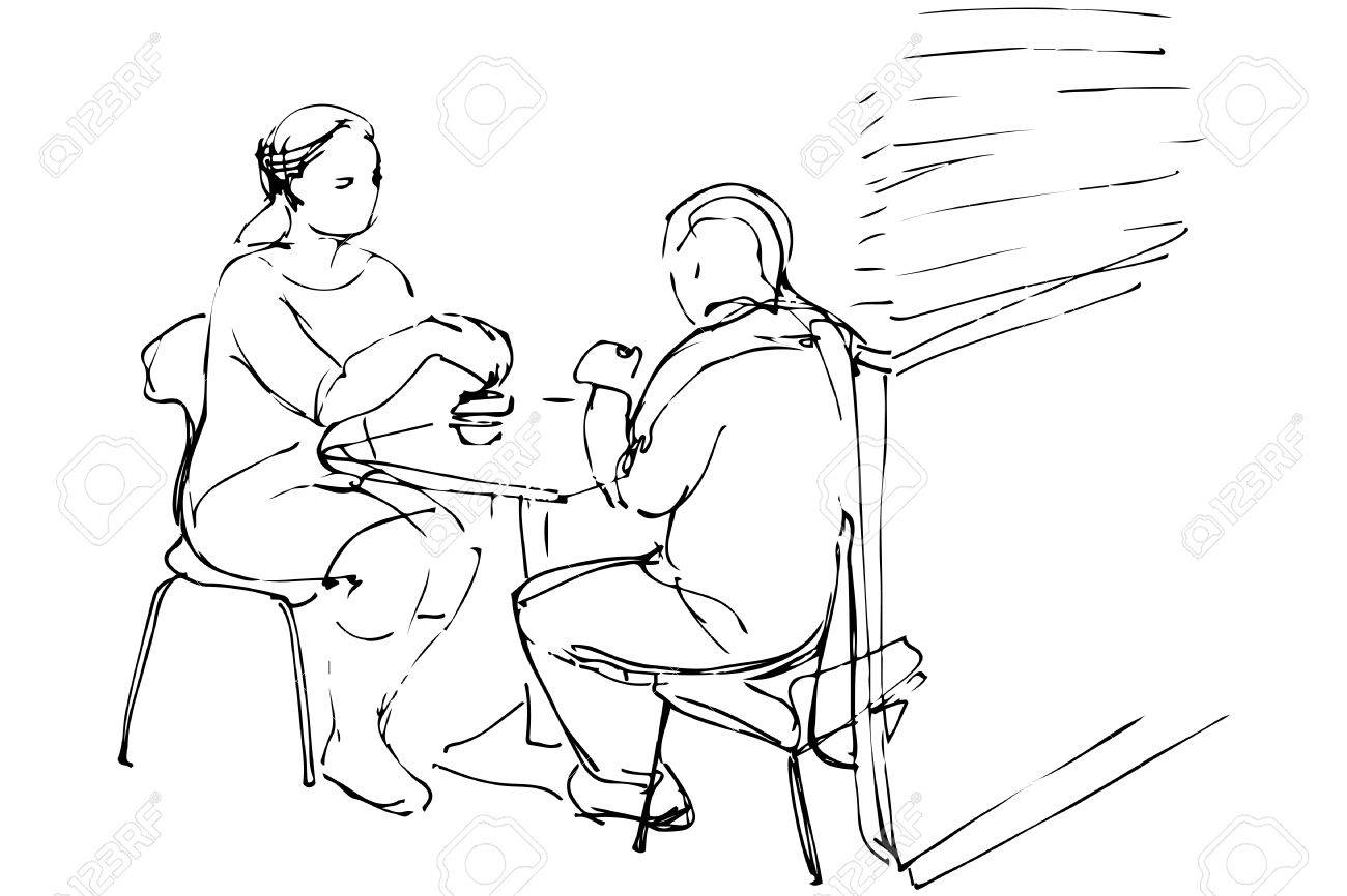 1300x866 Black And White Vector Sketch Of Man And Woman At A Table