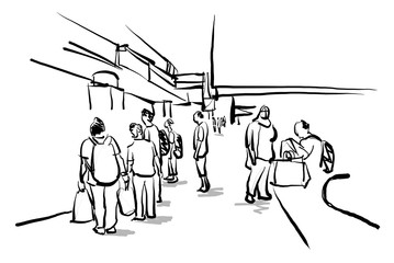 359x240 Group Of People Walking In Urban Scene Free Hand Sketch