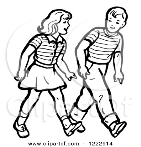450x470 Clipart Of A Retro Boy And Girl Walking In Black And White
