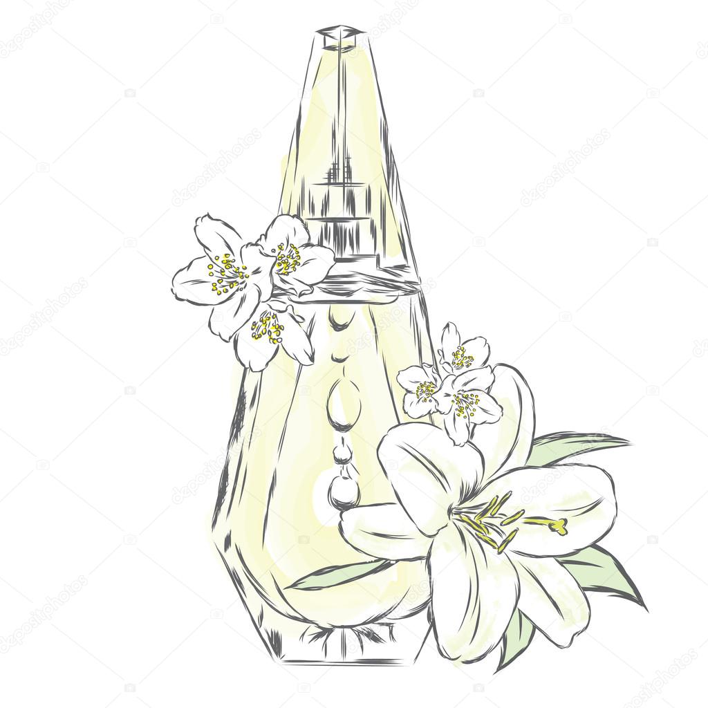 1024x1024 Perfume Bottle And Flowers. Vector Print On A Postcard, Poster
