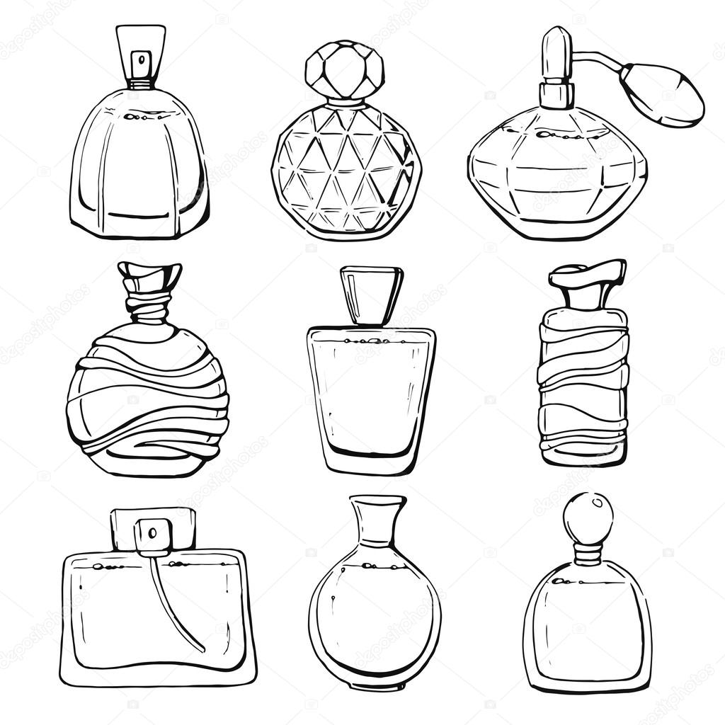 1024x1024 Set Of Linear Hand Drawn Perfume Bottles Stock Vector