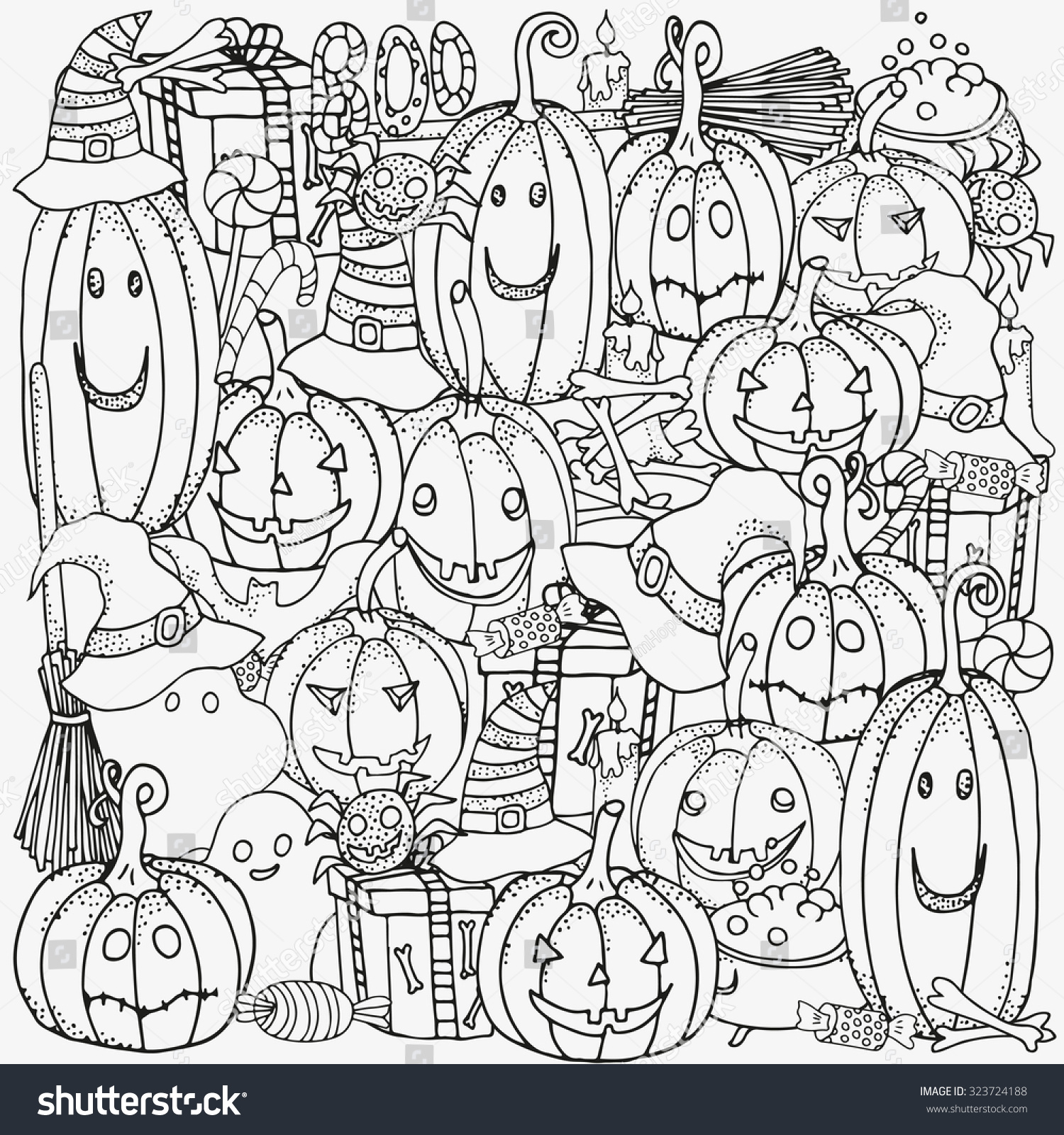 1500x1600 Pattern For Coloring Book. Set Of Halloween Symbols Pumpkin, Broom
