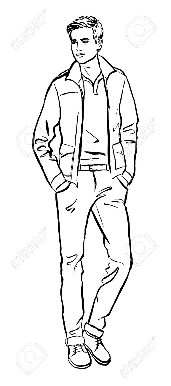 577x1300 Fashion Illustration Of Man. Ink Outline Sketch Isolated