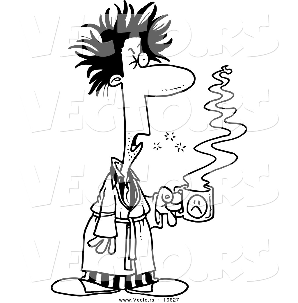 1024x1044 Vector Of A Cartoon Tired Man With Bad Hair, Holding Coffee