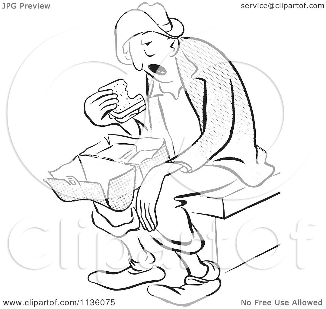 1080x1024 Clipart Of A Retro Vintage Tired Worker Man Eating A Sandwich