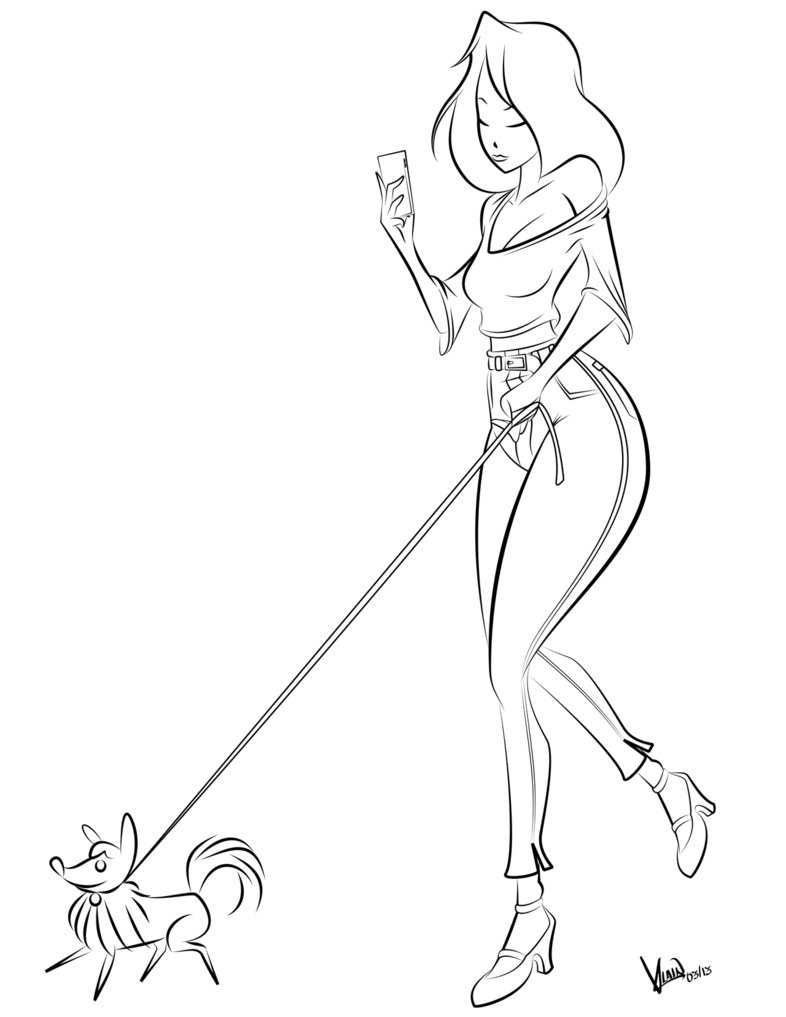 786x1017 Woman Walking Dog Distracted By Phone Vector Art By Klain