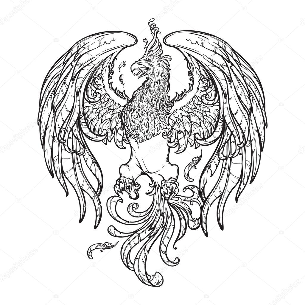 1024x1024 Sketch Drawing Of Phoenix Isolated On White Background. Stock