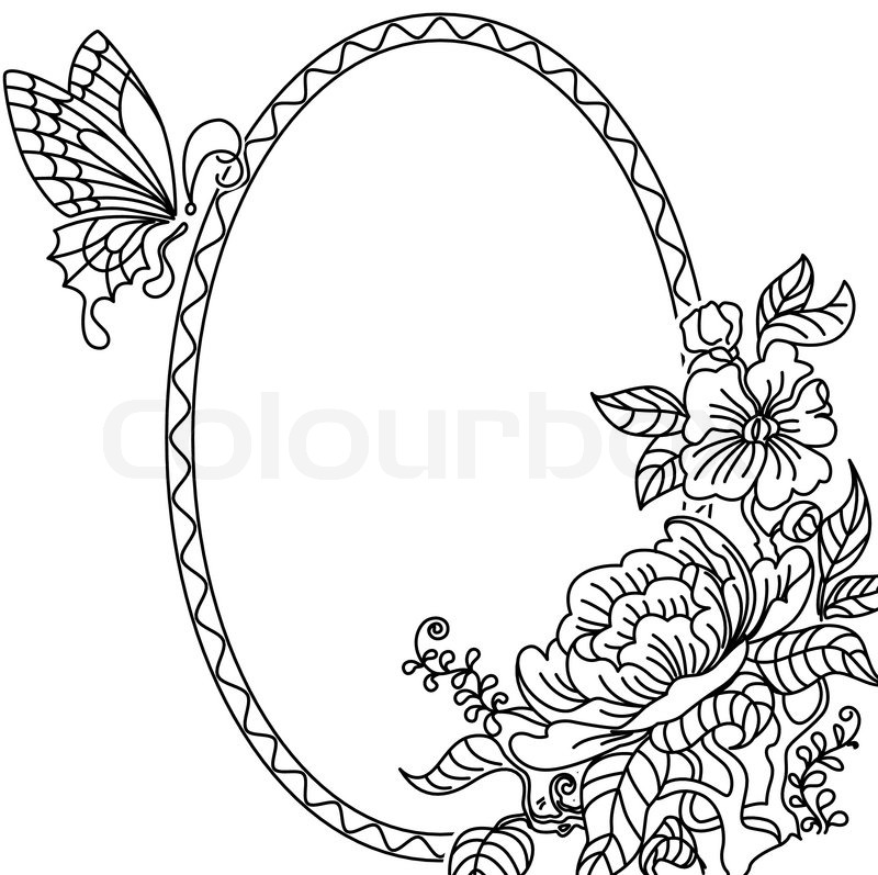 800x797 Peony And Butterfly Frame Bw Stock Vector Colourbox