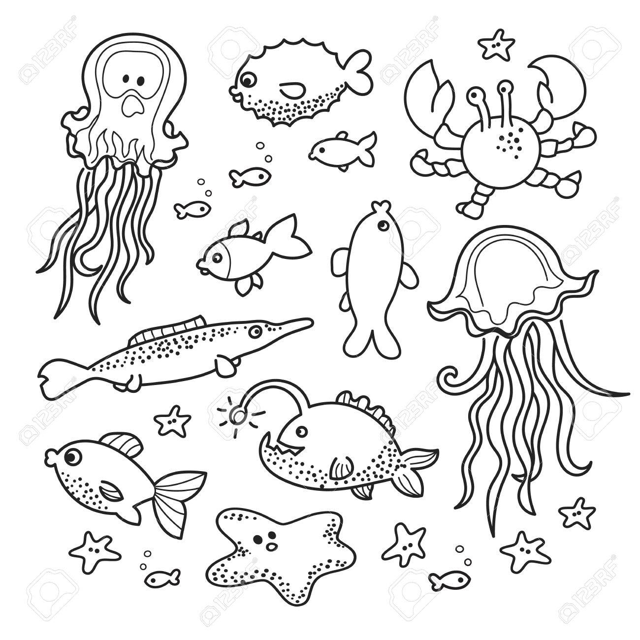 1300x1300 Sea Life Doodles Collection, Free Hand Outline Drawing, Good