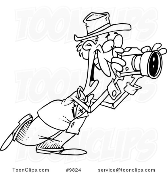 581x600 Cartoon Black And White Line Drawing Of A Happy Photographer
