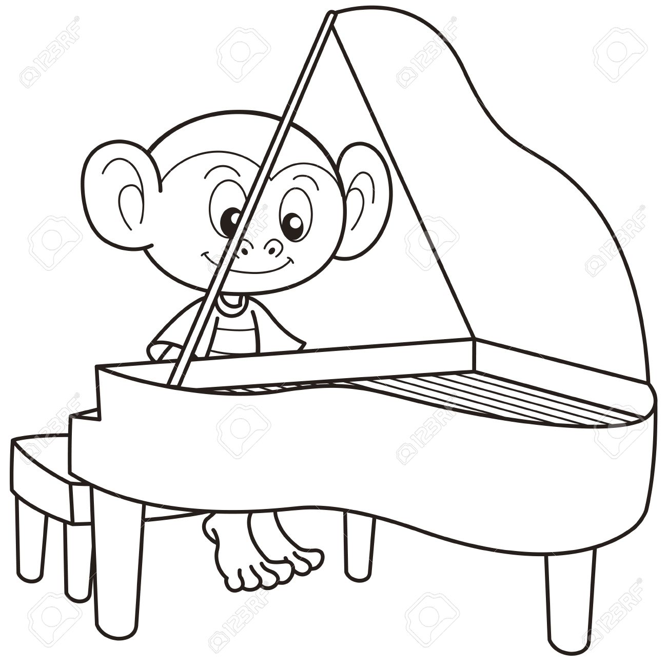 1300x1300 Cartoon Monkey Playing A Piano Black And White Royalty Free