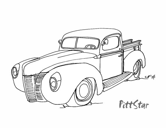 570x441 Digital Line Art Vintage 1940's Ford Pickup Truck By Pittstar