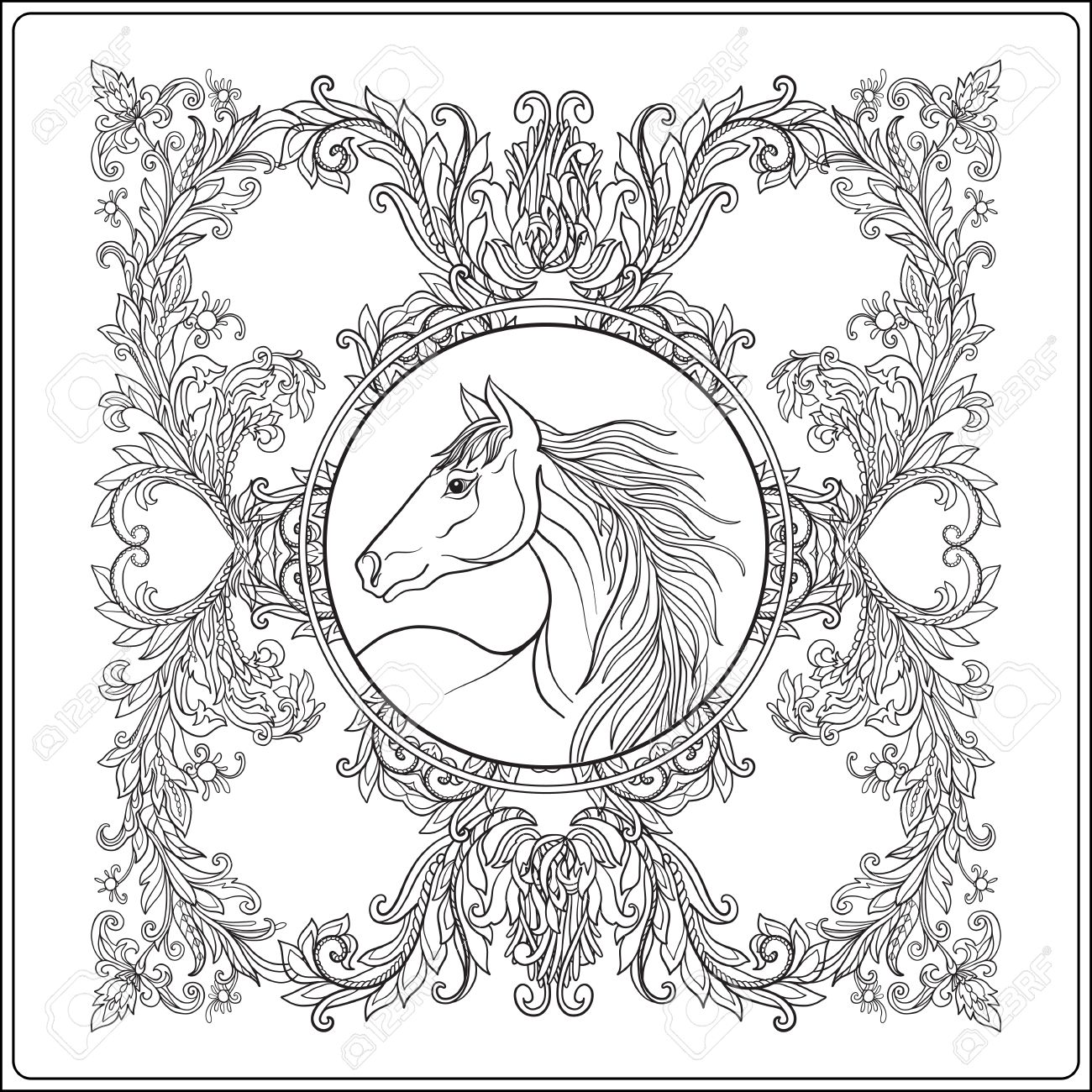 1300x1300 Horse In Vintage Decorative Floral Mandala Frame. Illustration