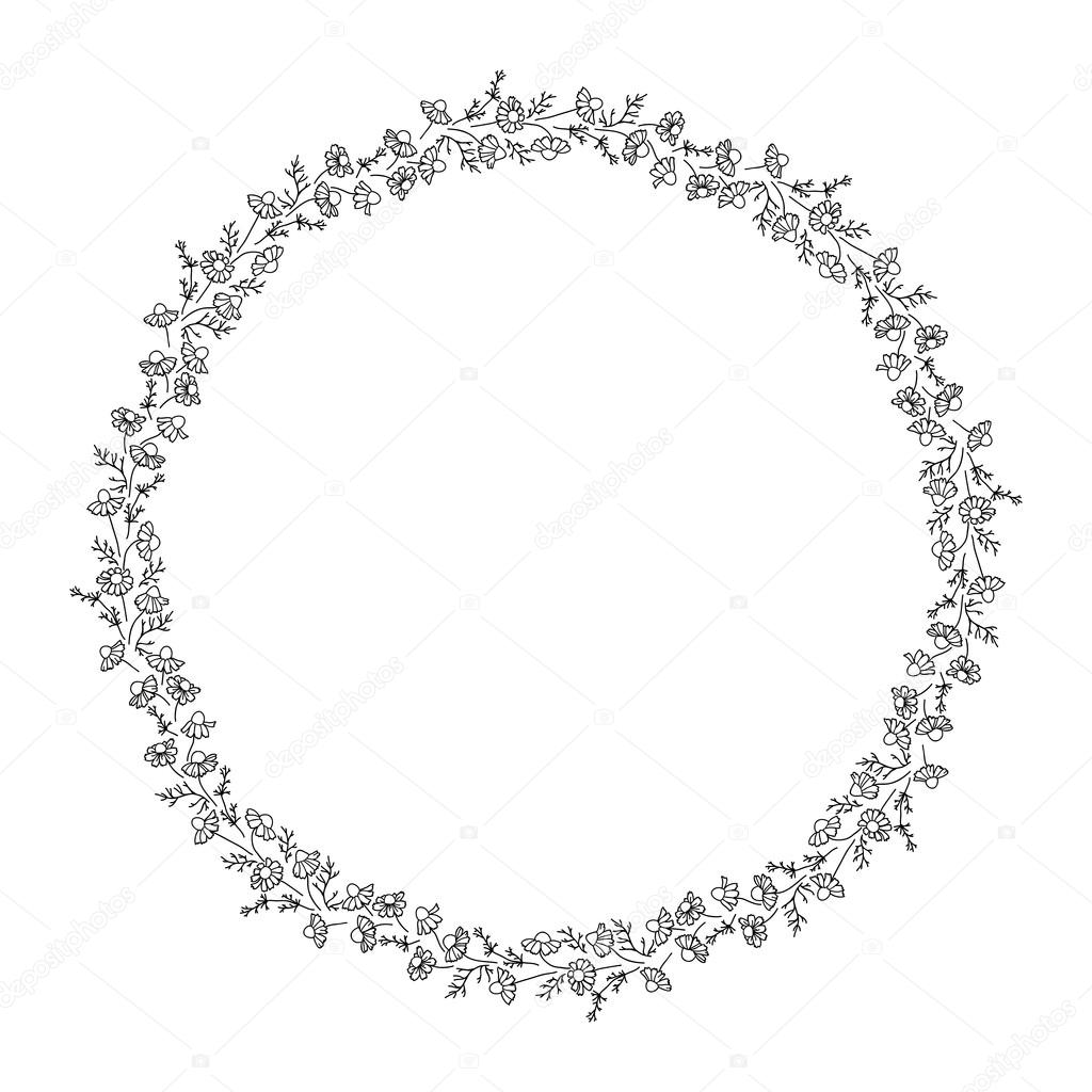 1024x1024 Chamomiles Field. Round Frame Of Flowers. Outline Drawing. Stock