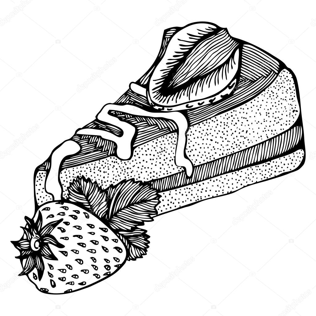 1024x1024 Piece Of Cake With Strawberries Monochrome Drawing Stock Vector