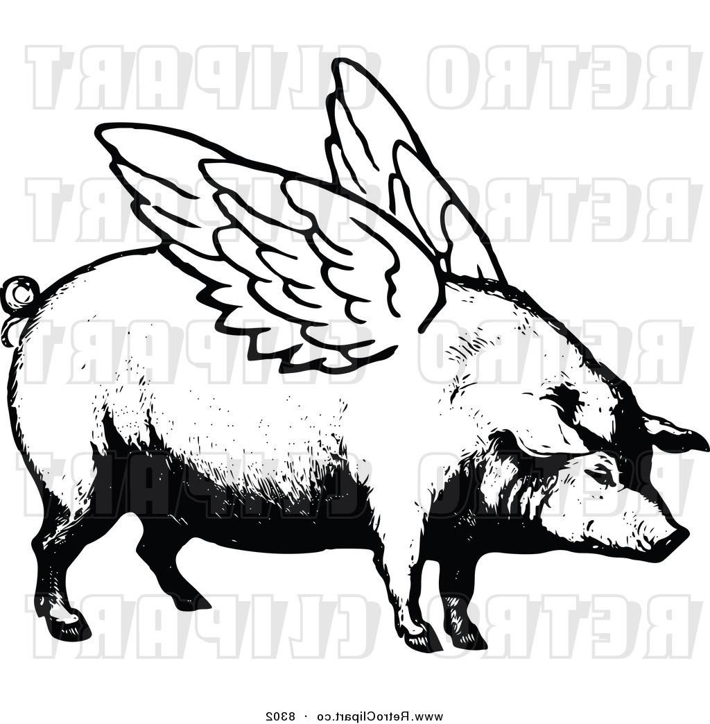 1024x1044 Hd Vector Clipart Of Retro Black And White Winged Pig By Prawny
