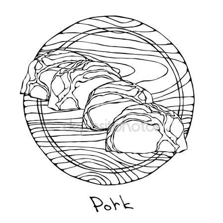 450x450 Pork Slices On A Round Wooden Cutting Board. Pig Cuts. Meat Guide