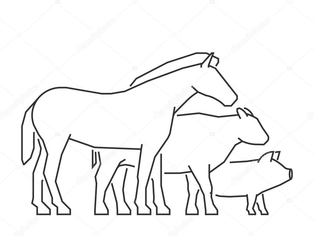 1024x768 Vector Line Farm Animals. Outline Horse, Pig, Cow And Chicken