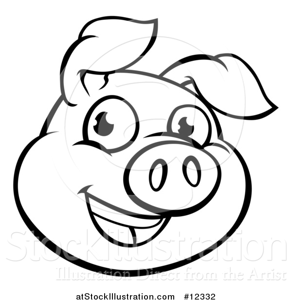 600x620 Vector Illustration Of A Black And White Happy Pig Face By