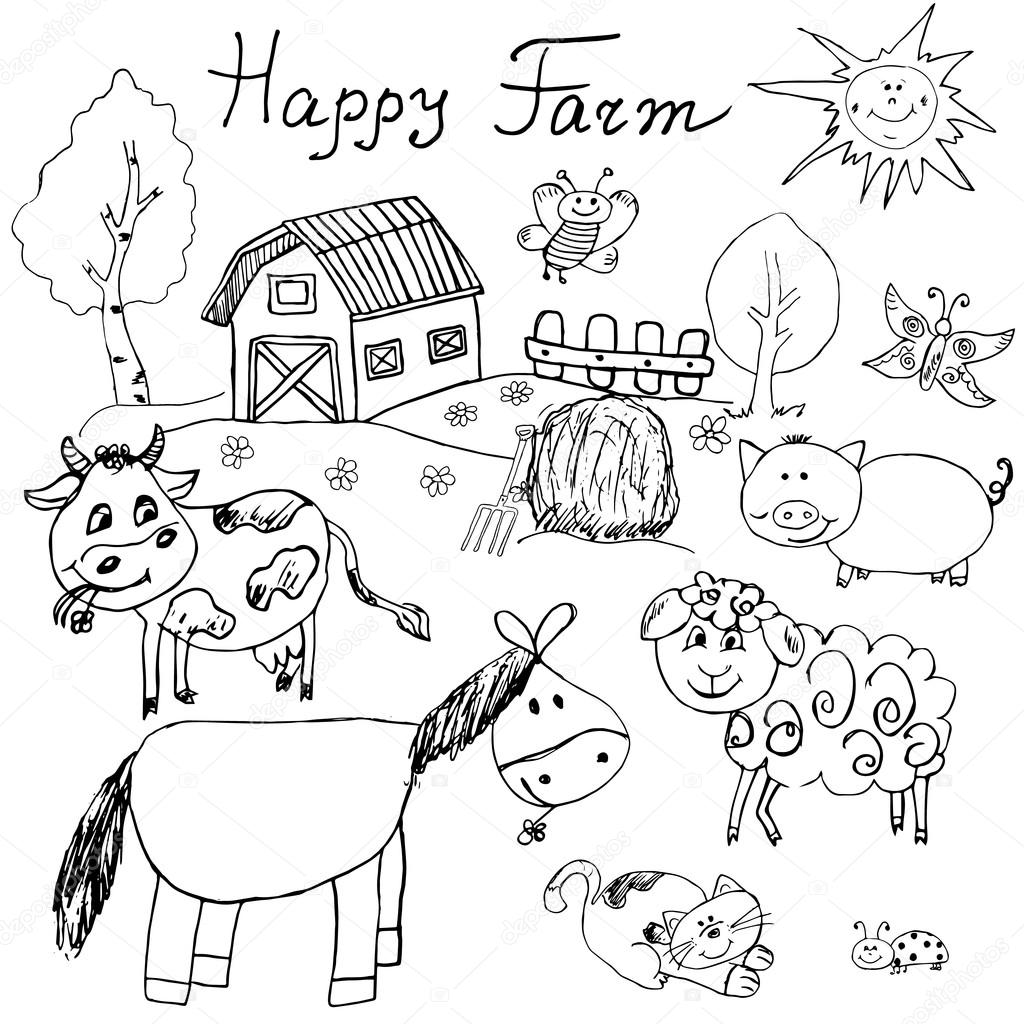 1024x1024 Happy Farm Doodles Icons Set. Hand Drawn Sketch With Horse, Cow